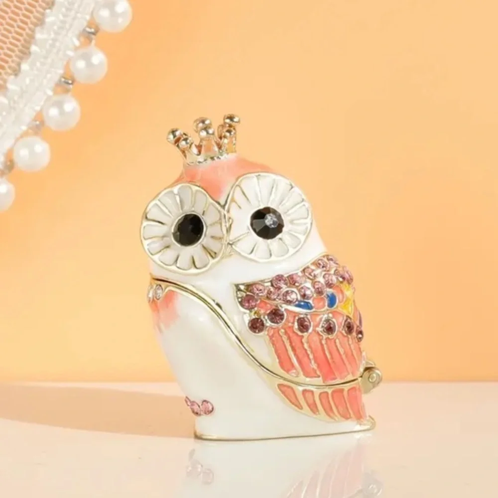Crystal Encrusted Owl Trinket Box Pink Gold Enamel Ring Box NWT
